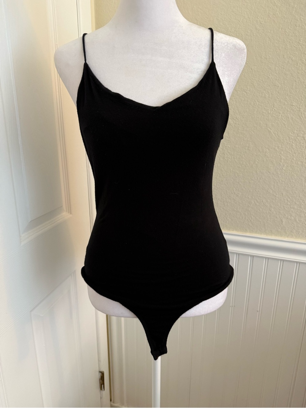 Active Basic Black Stretch Spaghetti-Strap Bodysuit